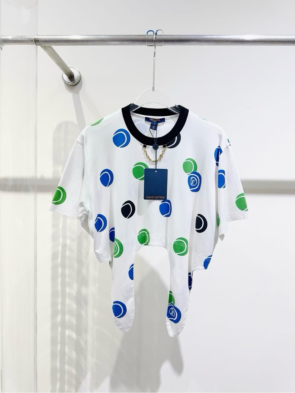 🚩steal Louis Vuitton White Tee with Navy Trim and Multicolor Dot Accents